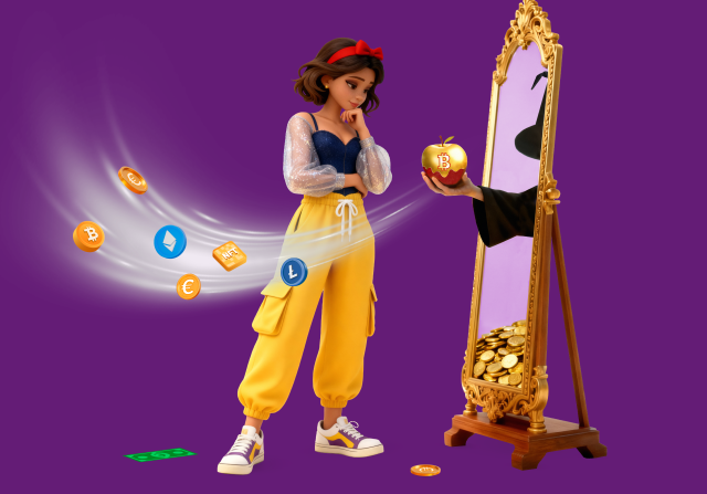 Week van het Geld thema 2026 geldsprookjes. Sneeuwwitje staat voor een spiegel waaruit de heks een appel aangeeft. Op de appel staat het logo van Bitcoin. onderin de spiegel ligt een stapel muntgeld. 