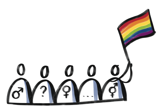 Illustratie van verschillende poppetjes met een regenboogvlag