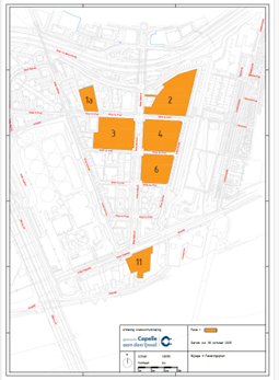 Uitgetekende kaart van de locaties waar de eerste fase van de gebiedsontwikkeling Rivium plaatsvindt.