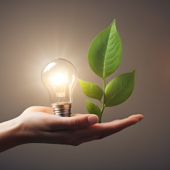 Foto van een lamp en een groen blad in een handpalm (stockfoto van Canva)