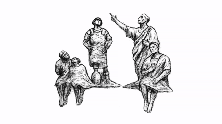 illustratie van de vijf bronzen beelden