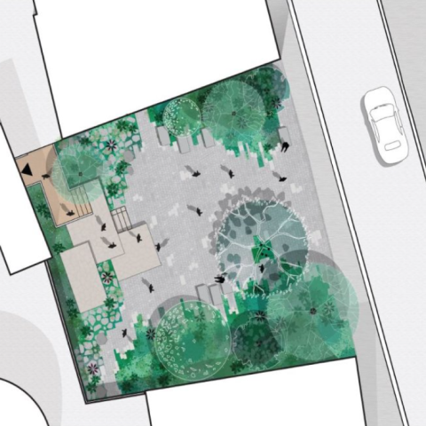 Voorlopige ontwerpimpressie van het Schelmenhofje: een groen, beschut binnenplein tussen de omliggende gebouwen, met bomen, beplanting, zitgelegenheden en een centrale ontmoetingsruimte op een verhard plein.