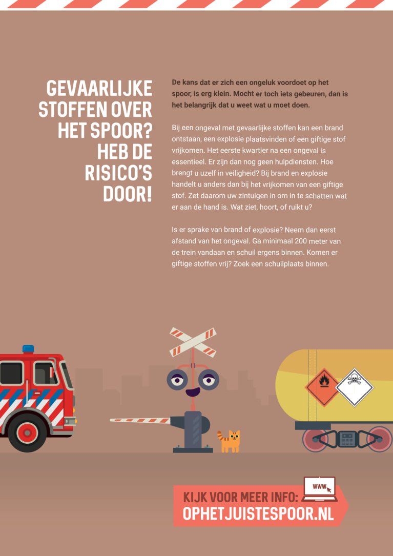 Infographic over gevaarlijke stoffen op het spoor. Het eerste kwartier na een ongeluk is cruciaal. Bij brand of explosie: houd minimaal 200 meter afstand en schuil binnen. Bij giftige stoffen: zoek direct binnen beschutting. Gebruik zintuigen om te beoordelen wat er gebeurt. Meer info: ophetjuistspoor.nl.