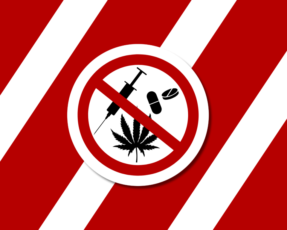 Verboden toegang banner met Verboden voor Drugs bord