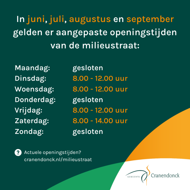 Afbeelding met de openingstijden Milieustraat.