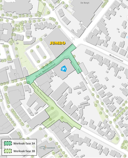 Overzicht van werkvakken in het centrum: meerdere wegen zijn de komende maanden tijdelijk afgesloten vanwege werkzaamheden. Er zijn omleidingsroutes ingesteld. Het parkeerterrein van Jumbo blijft bereikbaar via een tijdelijke route over de Kerkstraat en Kapelstraat. Voor Albert Heijn wordt het eenrichtingsverkeer op de Treurenburgstraat tijdelijk opgeheven, terwijl het tijdelijke parkeerverbod blijft gelden.