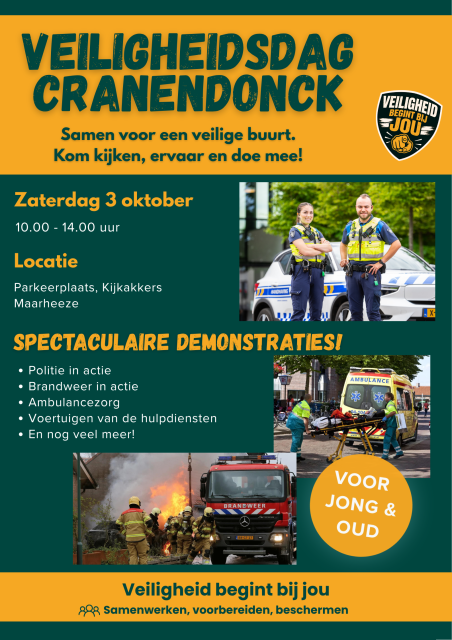 “Poster Veiligheidsdag Cranendonck op zaterdag 3 oktober van 10.00 tot 14.00 uur op parkeerplaats Kijkakkers in Maarheeze, met demonstraties van politie, brandweer en ambulancezorg.”