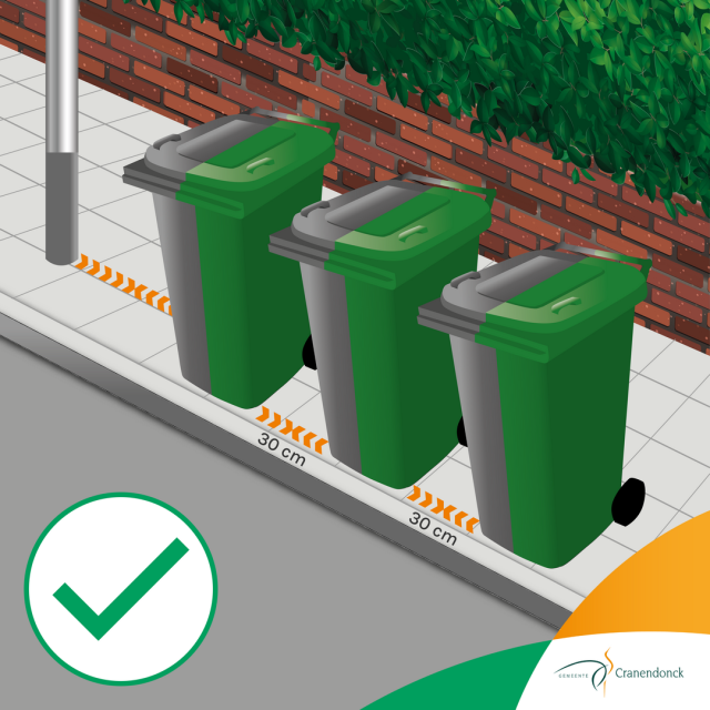 Afvalcontainers correct geplaatst met 30 cm tussenruimte en klep naar de straat.