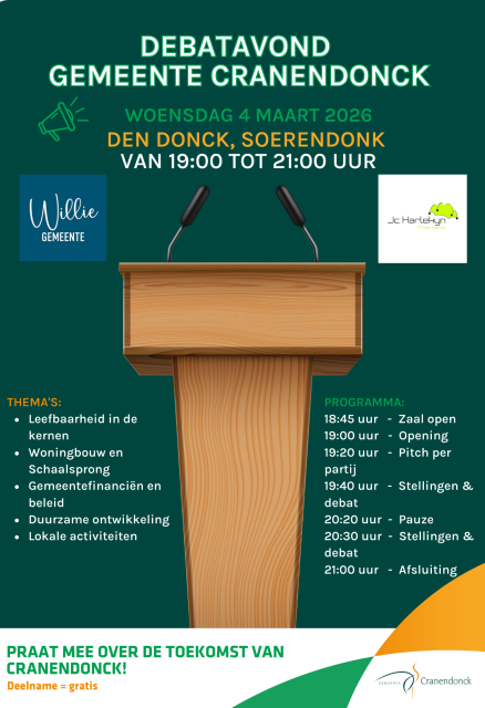 flyer debatavond 4 maart met praktische informatie, thema's en programma. Thema's: Leefbaarheid in de kernen, woningbouw en schaalsprong, gemeentefinanciën en beleid, duurzame ontwikkeling en lokale activiteiten. 19:45 uur: zaal open. 19:00 uur: opening. 19:20 uur: pitch per partij. 19.40 uur: stellingen en debat. 20:20 uur: pauze. 20:30 uur: stellingen en debat. 21:00 uur: afsluiting.