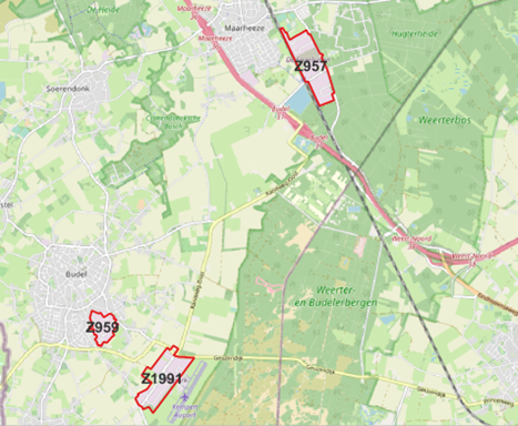 Kaart waarop de drie bedrijventerreinen zijn aangegeven