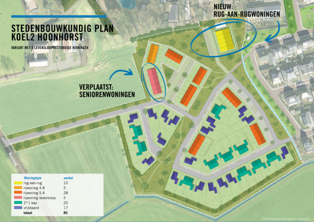 Plattegrond van nieuwbouwproject De Koele II met daarin de nieuwe rug-aan-rugwoningen.