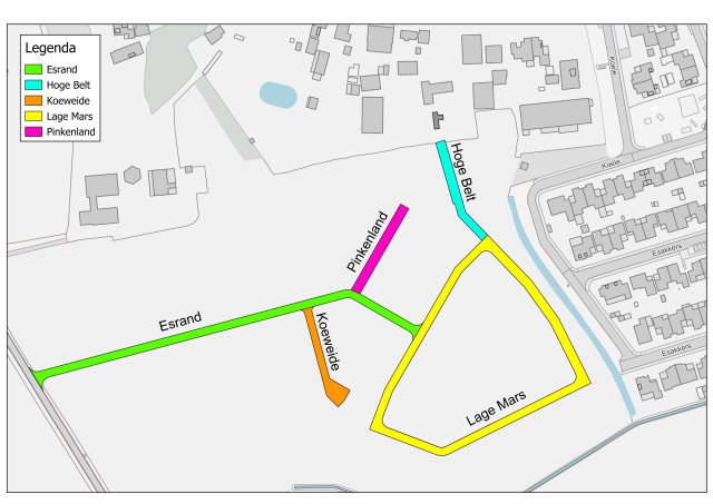 Plattegrond van de nieuwe straatnamen in De Koele 2 in Hoonhorst