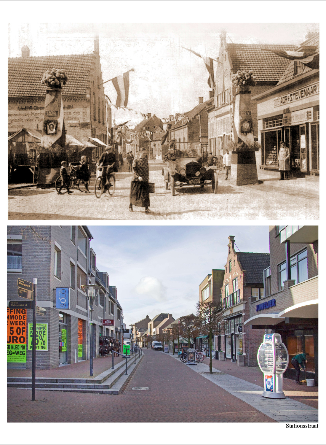 Afbeeldingen van de Stationsstraat in Deurne 100 jaar geleden en nu.