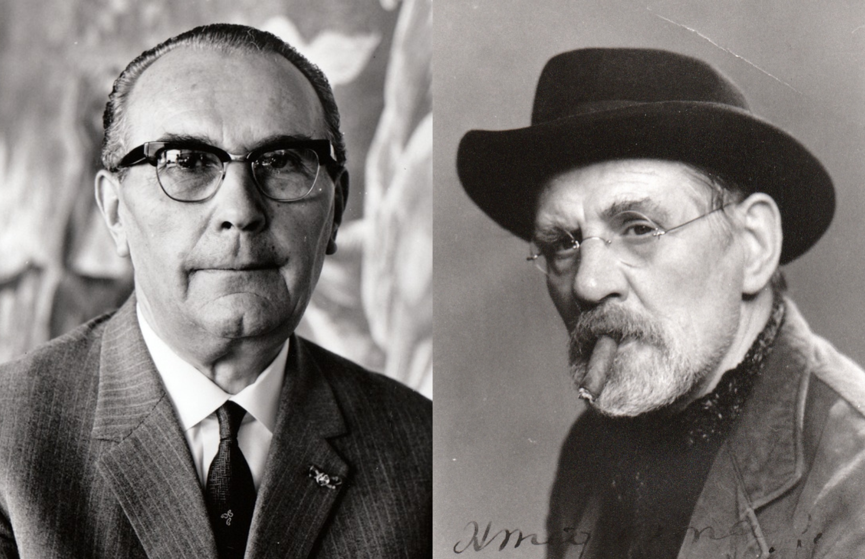 Links op de zwartwitfoto is het portret van Hub van Doorne, rechts is het portret van Hendrik Wiegersma