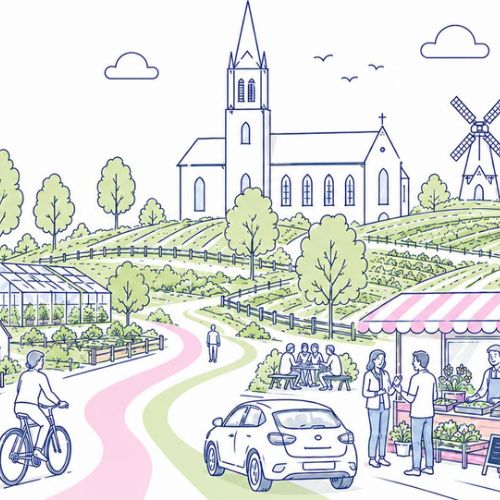 Illistratie van de cover van het coalitieprogramma, met een kerk, molen, marktkraam, kas en een straat met een fietser, auto en mensen die met elkaar in gesprek zijn.