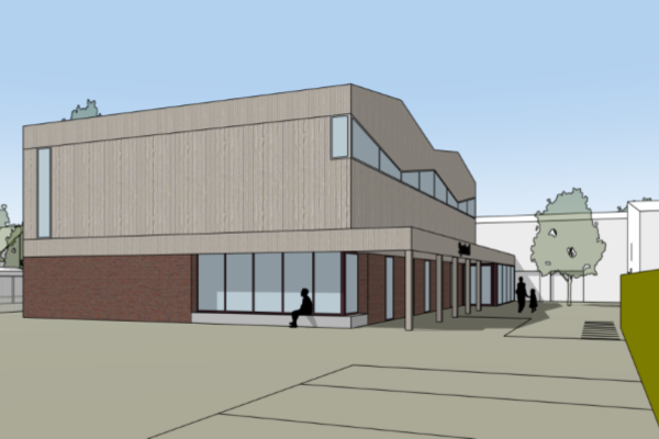 Impressie van het vooraanzicht van de nieuwe sportzaal