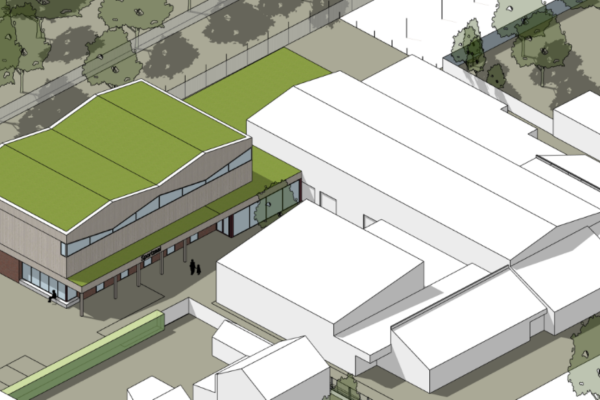 Impressie van het bovenaanzicht van de nieuwe sportzaal en de ligging aan de achterkant van het bestaande gemeenschapshuis De Moost.