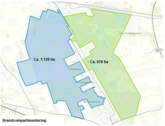 Visuele weergave van de brandcompartimentering situatie 2020, 2 gebieden van respectievelijk 1.129 en 978 hectare groot.