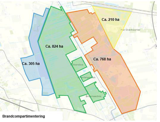 Visuele weergave brandcompartimentering 2023, 4 gebieden van respectievelijke 305, 824, 768 en 210 hectare groot.