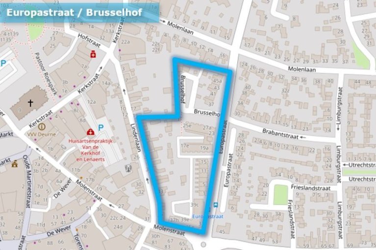 Kaartweergave blauwe zone gebied Europastraat-Brusselhof in Deurne