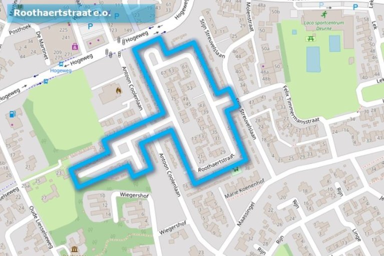 Kaartweergave blauwe zone omgeving Roothaerstraat in Deurne