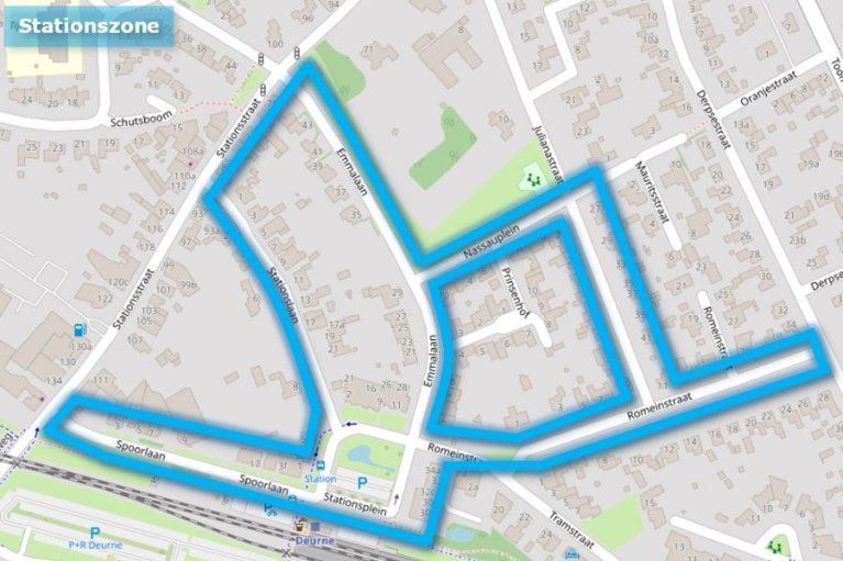 Kaartweergave blauwe zone Stationszone in Deurne