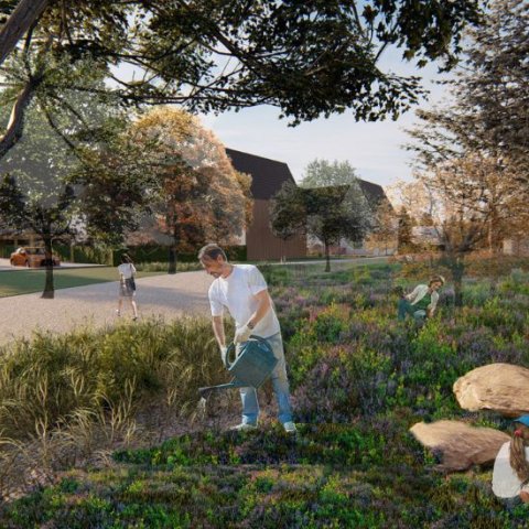 Sfeerimpressie nieuwe buurt De Groene Heerlijkheid, gemeente Deurne. Schetsafbeelding van een tuin waarin een aantal volwassen en kinderen tuinieren.