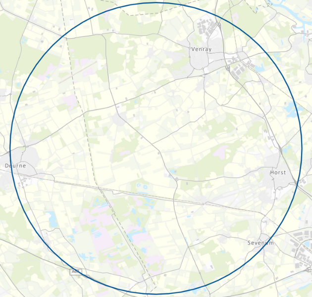 kaart met de 10 kilometer-zone om het met vogelgriep besmette bedrijf in Ysselsteyn