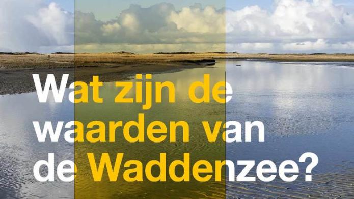 Poster symposium Waddenacademie met tekst Wat zijn de waarden van de Waddenzee en de Waddenzee als achtergrond 
