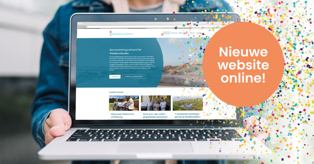 Persoon met laptop voor zich met website Samenwerkingsverband en confetti daarop