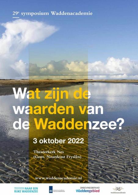 Poster symposium Waddenacademie met tekst Wat zijn de waarden van de Waddenzee en de Waddenzee als achtergrond 