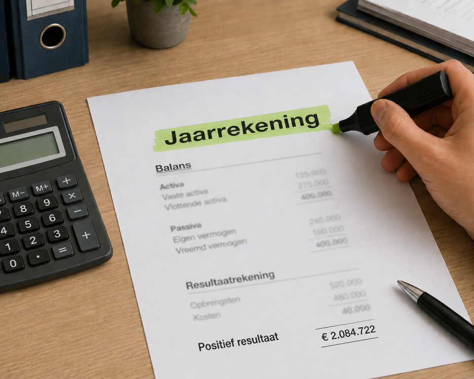 Rekenmachine, A4 papier op bureau en hand markeert het woord "Jaarrekening" in lichtgroen