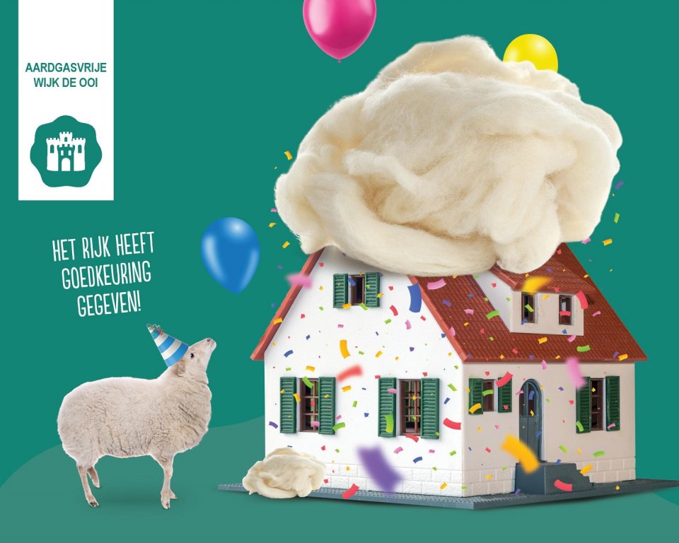 Tekening groene achtergrond met schaap met feestmuts op de kop, huis met wol op het dak en ballonnen