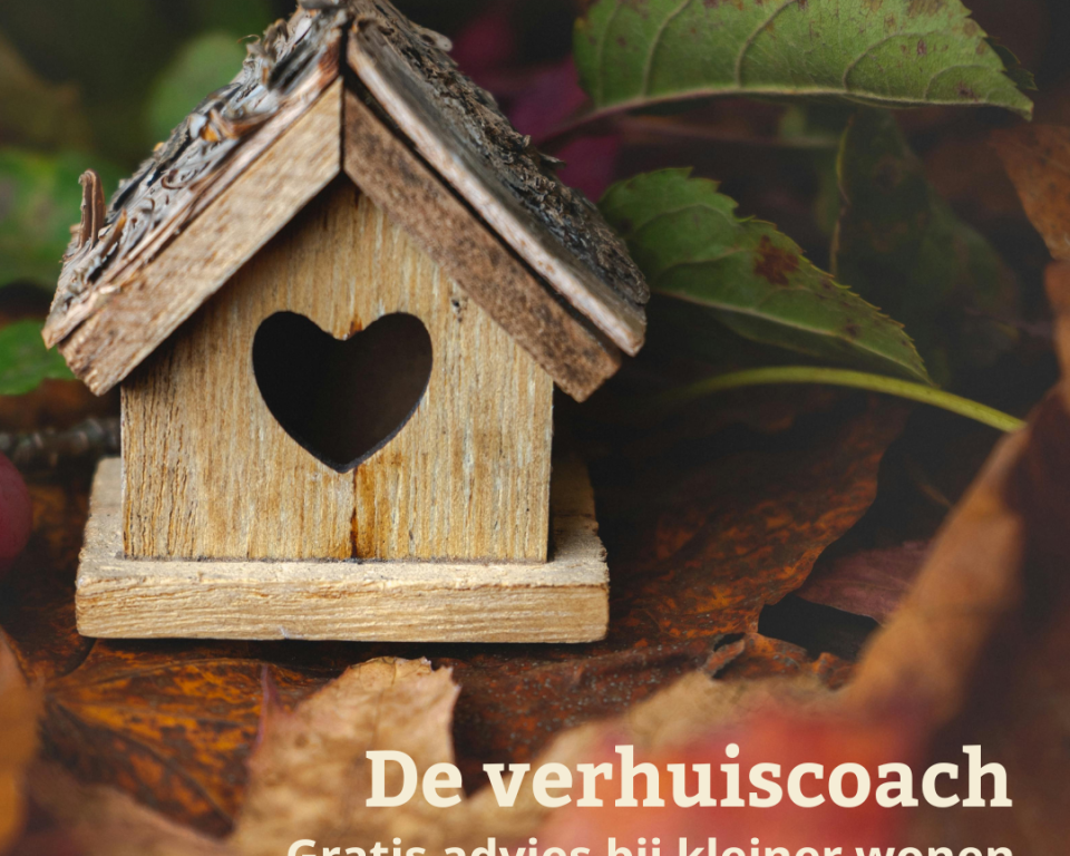 Houten vogelhuisje (op bladeren) met hartvormige ingang en tekst "De verhuiscoach. Gratis advies bij kleiner wonen."