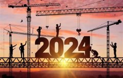 Getekende hoogwerkers met bouwlieden en de cijfers 2024, doorschijnende zon op achtergrond