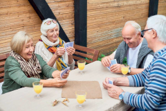 Senior mannen en vrouwen, lachend, spelen kaartspel aan een tafel, afbeelding vergroot