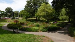 Parkje, zitbankje, looppaadjes, gras, bomen en bloemen