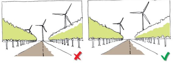 2 tekeningen naast elkaar. Links een laan met aan beide kanten bomen met 3 windturbines. 1 windturbine staat in de zichtlijn van de weg. Techts naast de tekening een rood kruis. De andere tekening heeft een weg met aan beide kanten bomen. Er zijn 2 windturbines, 1 aan elke kant van de weg. Naast de tekening een groen vinkje