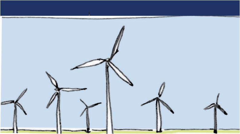 Tekening met 6 windturbines op de horizon