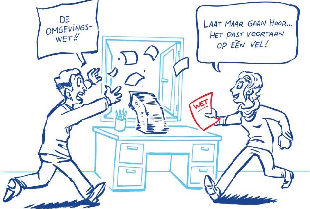 Man en vrouw staan voor een bureau. Bureau staat voor een open raam. De vellen papier van het bureau waaien uit het raam. Man zegt: de omgevingswet. Vrouw zegt: laat maar gaan hoor, het past voortaan op 1 vel.