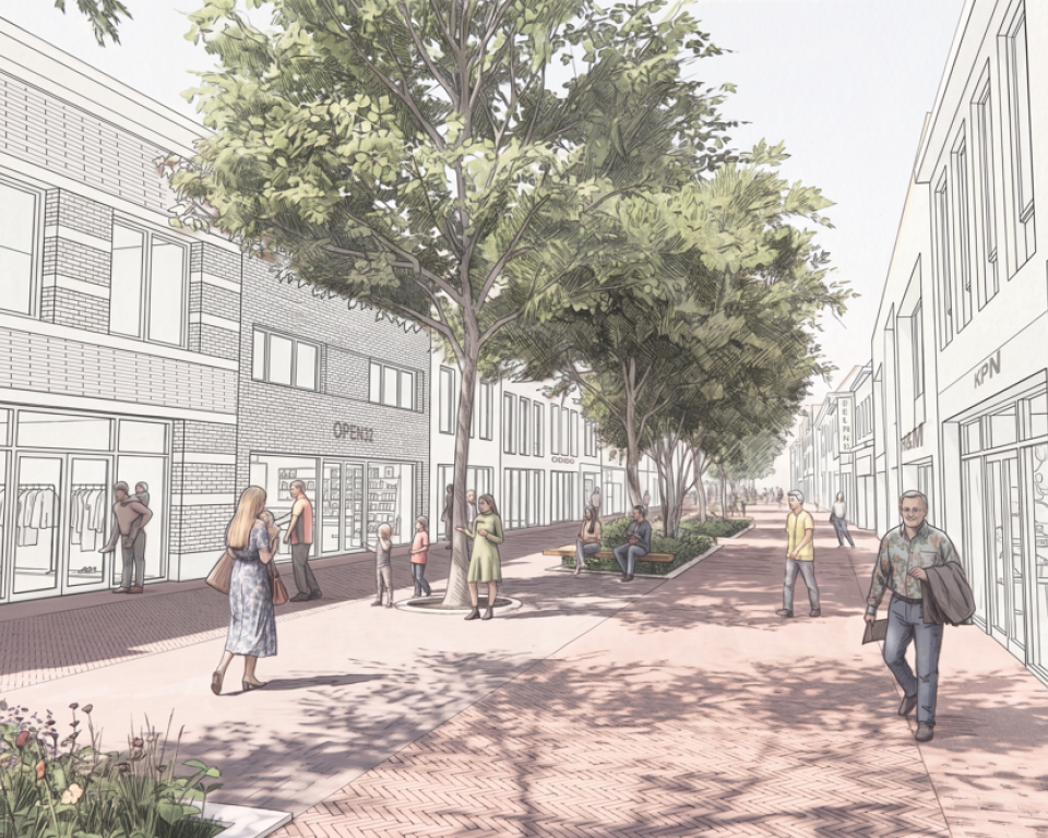 Impressie kijkrichting stadhuis-Simonsplein (Shoeby). Hierbij ziet u meer groen in de winkelstraat.