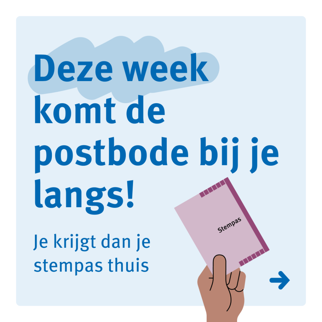 Tekst: Deze week komt de postbode bij je langs! Je krijgt dan je stempas thuis