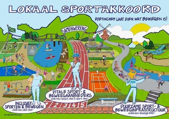 Poster lokaal sportakkoord Doetinchem. Inclusief sporten en bewegen. Vitale sport en beweegaanbieders. Duurzame sport en beweeginfrastructuur.