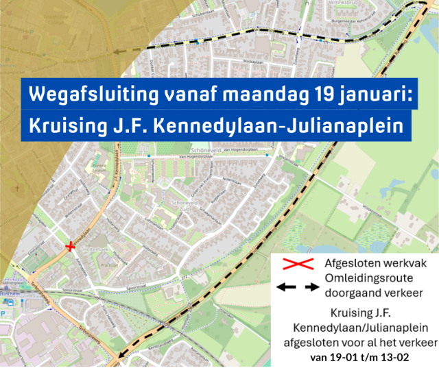 Wegafsluiting vanaf maandag 19 januari: kruising J.F. Kennedylaan-Julianaplein