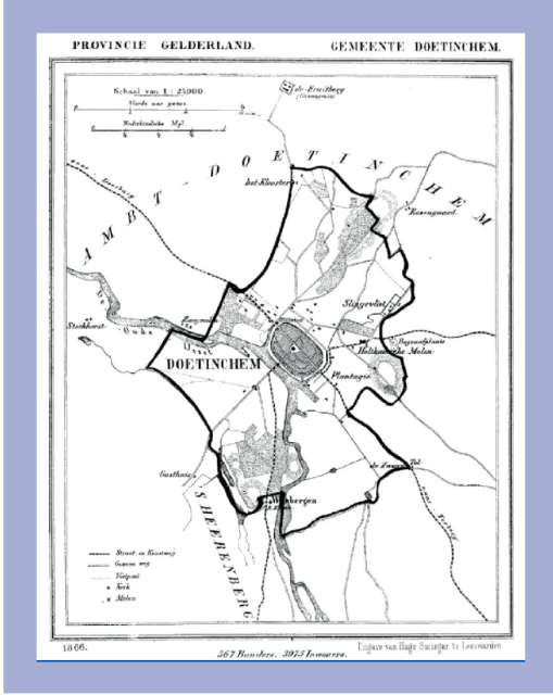 Plattegrond van Doetinchem in 1866. Met daarin getekend de wegen, voetpaden,  molens en kerken.