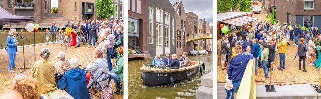 3 verschillende foto's, foto 1 spreekt wethouder Lambregts een groep mensen toe. Ze staan op de kade van Iseldoks. Foto 2,: een sloep met 4 mensen erin vaart door de gracht. Foto 3: Een groep mensen staat op de kade, een paar mensen op de brug die de kade verbindt met het eiland3