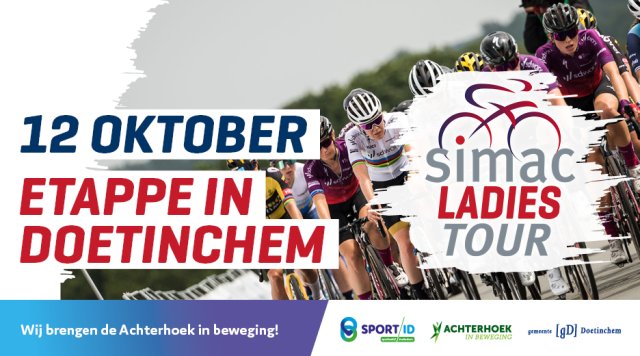 12 oktober etappe in Doetinchem Simac ladies tour. Wij brengen de Achterhoek in beweging. Logo Sport ID, logo Achterhoek in beweging, logo gemeente Doetinchem