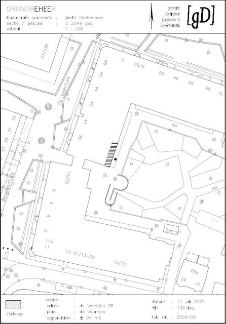 plattegrond van de straat de Veentjes met een gearceerde strook aan de binnentuin van de Veentjes 38