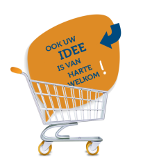 een winkelwagen met daarin een tekstballon. In de ballon staat: ook uw idee is van harte welkom