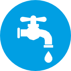 Rond plaatje met een kraantje met waterdruppel als symbool voor watertappunt.